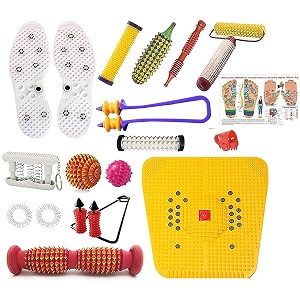 ahcs acupressure massager amp sujok therapy tools combo kit for stress pain relief natural care with bio-magnetic power foot mat amp shoe sole foot roller-pyramidal cuts wooden