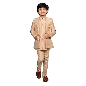 ahhaaaa kids ethnic cotton silk blend sequin print indo-western sherwani set for boys 496mf