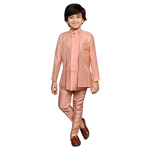 ahhaaaa kids ethnic cotton silk blend sequin print indo-western sherwani set for boys 496mf