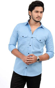 aia men regular fit solid spread collar casual shirt