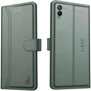 aibex  compatible for vivo t1x flip cover leather finish  inside tpu with card pockets  wallet stand  complete protection flip case - green