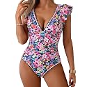 Aidonger Women One Piece Swimsuit V Neck Ruffle Slimming Bathing Suit