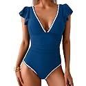 Aidonger Women One Piece Swimsuit V Neck Ruffle Slimming Bathing Suit