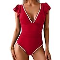 Aidonger Women One Piece Swimsuit V Neck Ruffle Slimming Bathing Suit