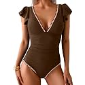 Aidonger Women One Piece Swimsuit V Neck Ruffle Slimming Bathing Suit