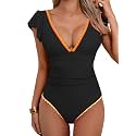 Aidonger Women One Piece Swimsuit V Neck Ruffle Slimming Bathing Suit
