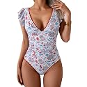 Aidonger Women One Piece Swimsuit V Neck Ruffle Slimming Bathing Suit