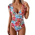 Aidonger Women One Piece Swimsuit V Neck Ruffle Slimming Bathing Suit