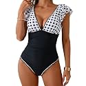 Aidonger Women One Piece Swimsuit V Neck Ruffle Slimming Bathing Suit