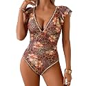 Aidonger Women One Piece Swimsuit V Neck Ruffle Slimming Bathing Suit