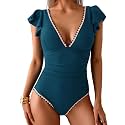 Aidonger Women One Piece Swimsuit V Neck Ruffle Slimming Bathing Suit