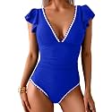 Aidonger Women One Piece Swimsuit V Neck Ruffle Slimming Bathing Suit