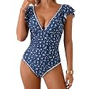 Aidonger Women One Piece Swimsuit V Neck Ruffle Slimming Bathing Suit