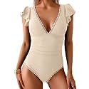 Aidonger Women One Piece Swimsuit V Neck Ruffle Slimming Bathing Suit