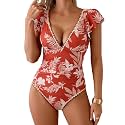 Aidonger Women One Piece Swimsuit V Neck Ruffle Slimming Bathing Suit
