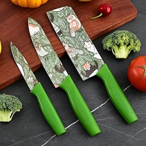 aiheal marve stainless steel 3 pieces kitchen knives set green chef knife set meat knife sharp blade ergonomic handle