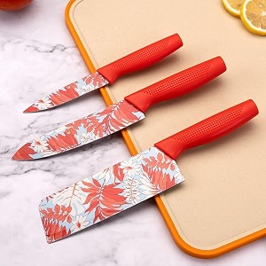 aiheal stainless steel 3 pieces kitchen knives set chef knife setmeat knife with sharp blade with ergonomic handle for home kitchen and restaurant red