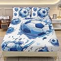 AILONEN Boys Soccer Full Size Fitted Sheet Set,Football Sports Bedding Set 3Pcs for Kids Teens Adults,Blue Graffiti Soccer Balls Bed Sheet with 2 Pillowcases