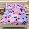 AILONEN Butterfly Fitted Sheet Set Queen Size - Leopard Print Butterflies Bedding Set for Girls - Pink &amp; Blue Bed Sheet with 2 Pillowcases - Soft 3Pcs