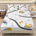AILONEN Car Fitted Sheet Set Full Size for Kids Toddler Boys,Cute Construction Truck Printed Bedding Set,3Pcs Cartoon Cars Road Bed Sheet with 2 Pillowcases