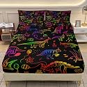 AILONEN Cartoon Dinosaur Full Size Fitted Sheet Set,Neon Line Graffiti Animals Bedding Set 3Pcs,Gift for Kids Teens Boys Girls,Black Bed Sheet with 2 Pillowcases