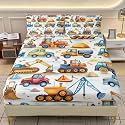 AILONEN Construction Truck Fitted Sheet Set Twin XL Size, Excavator Tractor Bedding Set for Kids Adults,Equipment Trucks Bed Sheet Set for All Season,3-Pieces,1 Fitted Sheet and 2 Pillowcases,Soft