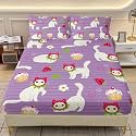 AILONEN Cute Cat Printed Fitted Sheet Set Twin Size,Funny Strawberry Hat Kitten Bedding Set for Kids Teens Girls,Purple Stripes Bed Sheet with 2 Pillowcases,3Pcs
