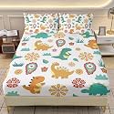 AILONEN Cute Dinosaur Kids Fitted Sheet Set Full Size,Green &amp; Yellow Dinosaurs Printed Bedding Set 3Pcs for Boys Girls,Cartoon Funny Bed Sheet with 2 Pillowcases