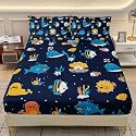 AILONEN Cute Ocean Theme Fitted Sheet Set Full Size,Kawaii Sea Animals Fish Bedding Set for Kids Toddler Boys Girls,3Pcs Navy Blue Bed Sheet with 2 Pillowcases