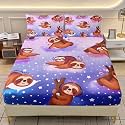 AILONEN Cute Sloth Printed Full Bedding Set for Kids Teens Girls,Kawaii Animal Fitted Sheet Set for All Season,Pink Blue Starry Bed Sheet with 2 Pillowcases,3Pcs
