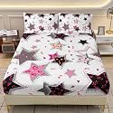AILONEN Cute Stars Printed Bedding Set Twin XL Size 3Pcs,Pink Black White Fitted Sheet with 2 Pillowcases,Cartoon Starry Bed Sheet Set for Kids Toddler Boys Girls