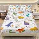 AILONEN Funny Dinosaur Print Bedding Set Twin Size 3Pcs,Colorful Dino Fitted Sheet with 2 Pillowcases,Cartoon Animal Bed Sheet Set for Kids Toddler Boys Girls