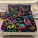 AILONEN Gamepad Fitted Sheet Set Full Size,Modern Neon Gamer Gaming Bedding Set for Kids Teens Boys,3Pcs Video Game Graffiti Controller Bed Sheet + 2 Pillowcases