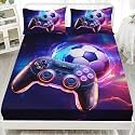 AILONEN Gamer Fitted Sheet for Kids Teen Boys Full Size, Video Game Bedding Sets,Gaming Bedsheets Set,Gamepad Controller with 3D Soccer Bed Sheet Set,1 Fitted Sheet 2 Pillowcases,3 PCS
