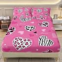 AILONEN Girls Cute Pink Love Heart Fitted Sheet Twin XL Size,Leopard Print Hearts Bedding Set 3Pcs for Kids Teens,Zebra Stripes Cow Print Bed Sheet with 2 Pillowcases