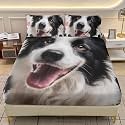 AILONEN Kawaii Dog Print Fitted Sheet Set Full Size,Border Collie Bedding Set 3Pcs for Kids Teens Pet Lovers,Black and White Puppy Animal Bedsheet with 2 Pillowcases