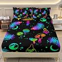 AILONEN Mushroom Printed Neon Fitted Sheet Set Twin XL Size for Kids Teens,Cartoon Graffiti Feather Bedding Set,3Pcs Colorful Moon Star Bed Sheet with 2 Pillowcases