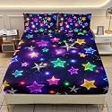 AILONEN Rainbow Stars Kids Fitted Sheet Set Twin XL Size,Purple Neon Star Printed Bedding Set 3Pcs for Boys Girls,Colorful Starry Bed Sheet with 2 Pillowcases