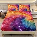 AILONEN Tie Dye Fitted Sheet Set Twin Size,Colorful Rainbow Spiral Bedding Set 3Pcs for Girls Women Room,Bohemian Galaxy Stars Bed Sheet with 2 Pillowcases