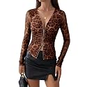 AIMCOO Zip Up Mesh Long Sleeve Tops for Women V Neck Ruched Slim Fit Blouse