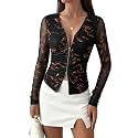 AIMCOO Zip Up Mesh Long Sleeve Tops for Women V Neck Ruched Slim Fit Blouse