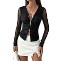 AIMCOO Zip Up Mesh Long Sleeve Tops for Women V Neck Ruched Slim Fit Blouse