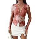 AIMCOO Zip Up Mesh Long Sleeve Tops for Women V Neck Ruched Slim Fit Blouse