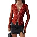 AIMCOO Zip Up Mesh Long Sleeve Tops for Women V Neck Ruched Slim Fit Blouse