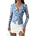 AIMCOO Zip Up Mesh Long Sleeve Tops for Women V Neck Ruched Slim Fit Blouse