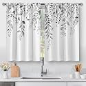 Aimego Floral Eucalyptus Kitchen Curtains - Grey Spring Watercolor Plant Leaves Botanical Tier Cafe Curtains for Bathroom Living RV Country Rod Pocket Window Drapes 36 Inch 2 Panels Set 28"x36"