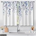 Aimego Floral Eucalyptus Kitchen Curtains - Spring Watercolor Plant Leaves with Floral Botanical Tier Cafe Curtains for Bathroom Living RV Rod Pocket Window Drapes 36 Inch 2 Panels Set 28"x36"