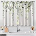 Aimego Floral Eucalyptus Leaves Kitchen Curtains - Rustic Country Botanical Plant Flowers Spring Small Short Cafe Tier Curtains for Bathroom Watercolor Vintage Window Drapes 24 Inch Length 2 Panels