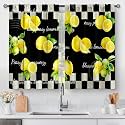 Aimego Retro Lemon Kitchen Curtains - Rustic Country Short Cafe Tier Curtains Black White Buffalo Plaid Fruits Leaves Decor for Living Room Rod Pocket Window Drapes 2 Panels 28"x30"