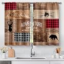 Aimego Rustic Wooden Kitchen Cafe Curtains - Farmhouse Cabin Bear Deer Country Retro Short Tier Curtains Buffalo Plaid 2 Panels 28"x45"